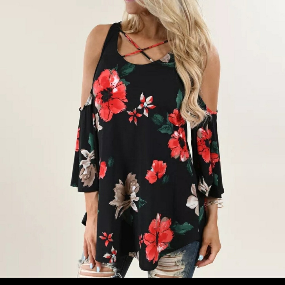 Black and red floral cold shoulder top - Picture 1 of 4